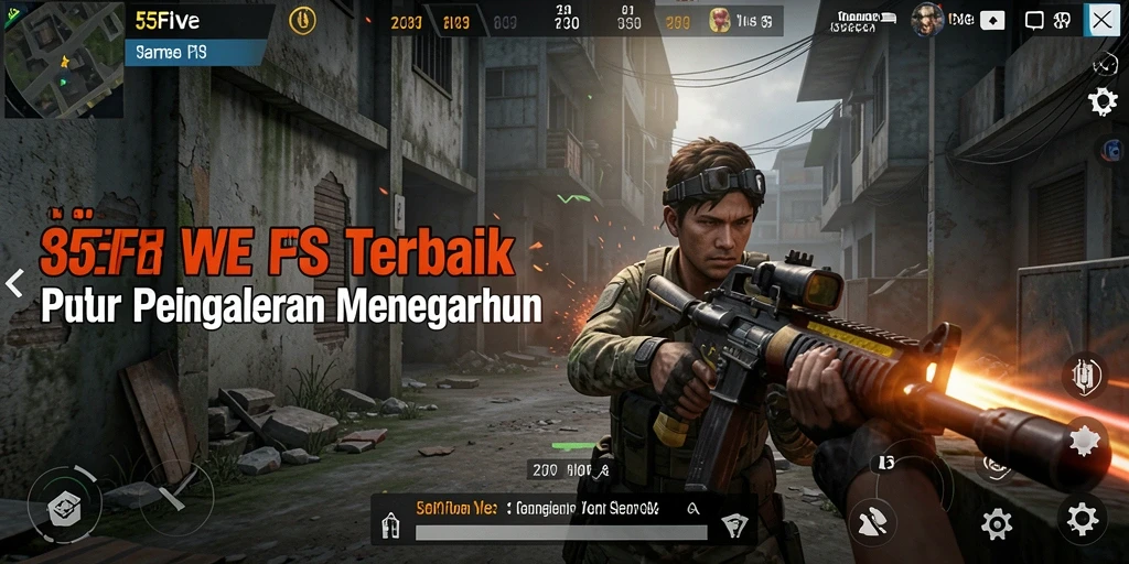 Tampilan gameplay menegangkan dalam 55FIVE dengan aksi FPS yang memukau.