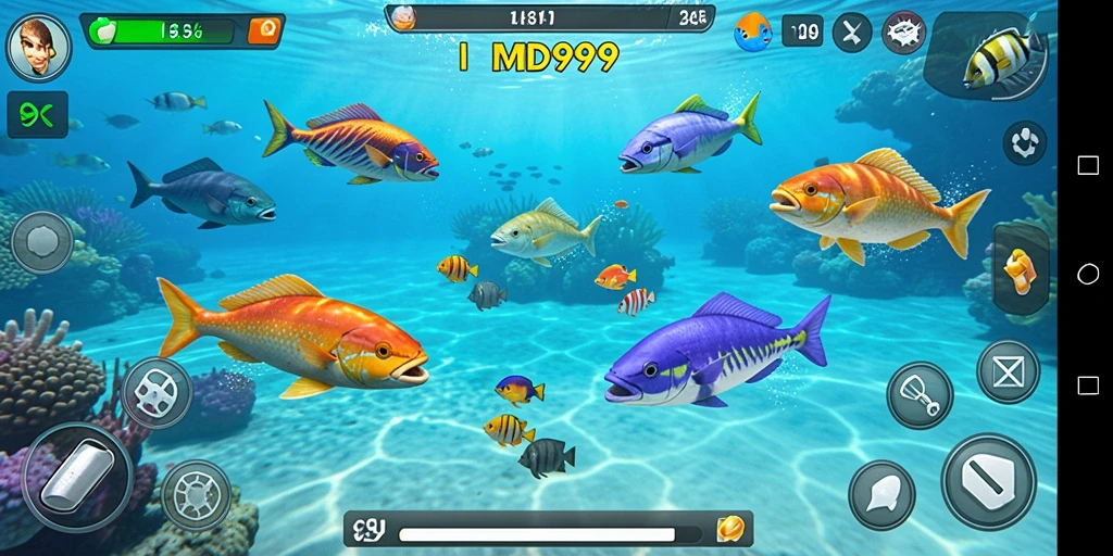 Screenshot tampilan gameplay DMD999 dengan berbagai ikan yang menakjubkan.
