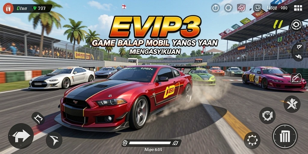 Tangkapan layar gameplay EVIP3 menampilkan balapan mobil yang intens dan mendebarkan.