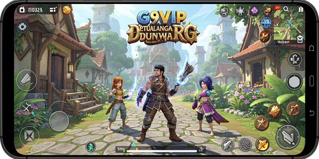 Screenshot gameplay G9VIP menampilkan pertempuran seru di dunia fantasi.