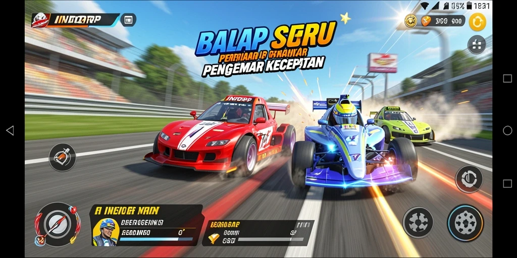 Tangkapan layar gameplay INDORP menampilkan aksi balap yang mendebarkan.