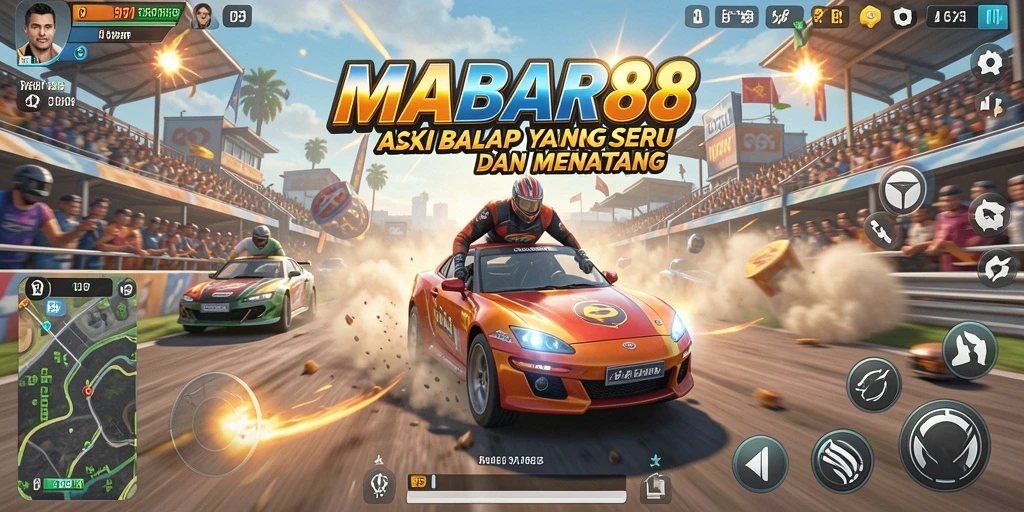 Screenshot gameplay MABAR88 menampilkan balapan seru di lintasan berkelok.