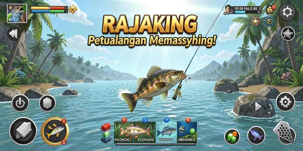 Tampilan gameplay seru di RAJAKING saat memancing ikan.
