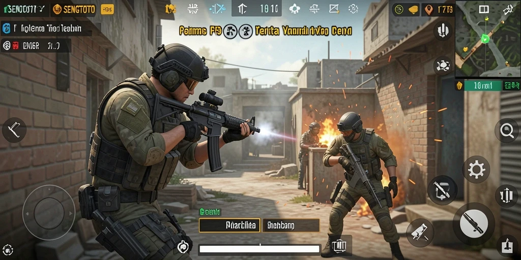 Screenshot utama SENGTOTO menampilkan aksi pertempuran seru dalam mode FPS.