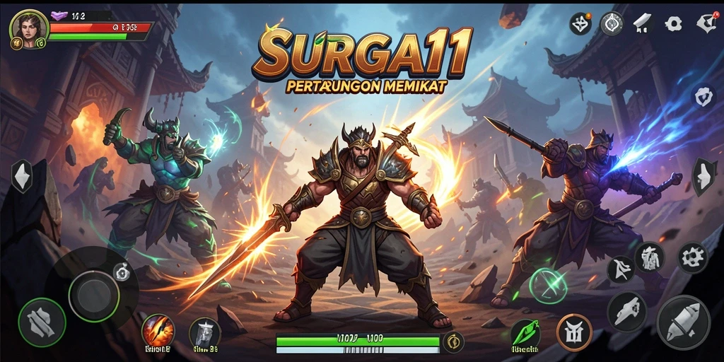Tangkapan layar SURGA11 menampilkan aksi pertarungan seru dan karakter menarik.